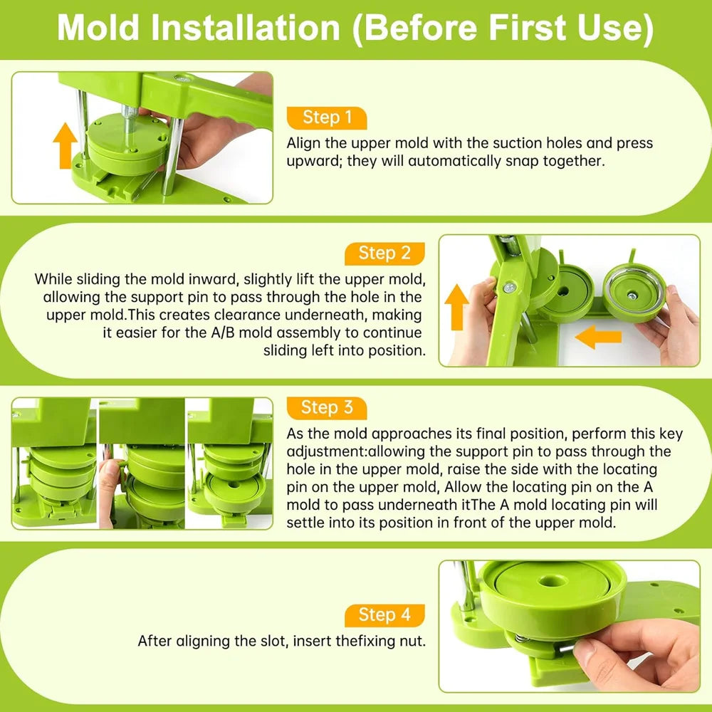 Step-by-step guide showing the mold installation process for a DIY badge maker kit.