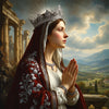 A portrait of Jesus wearing a crown and draped in a red robe, looking towards a scenic landscape.