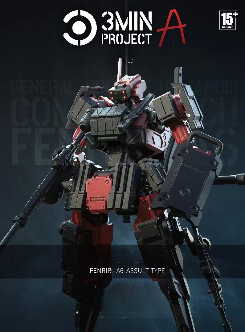 A detailed 3D render of a red and black mecha model kit named Fenrir A6 Assault Type.