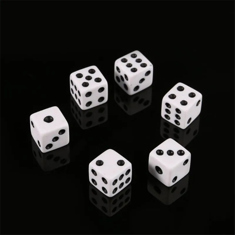 A set of ten white six-sided dice arranged on a black surface.