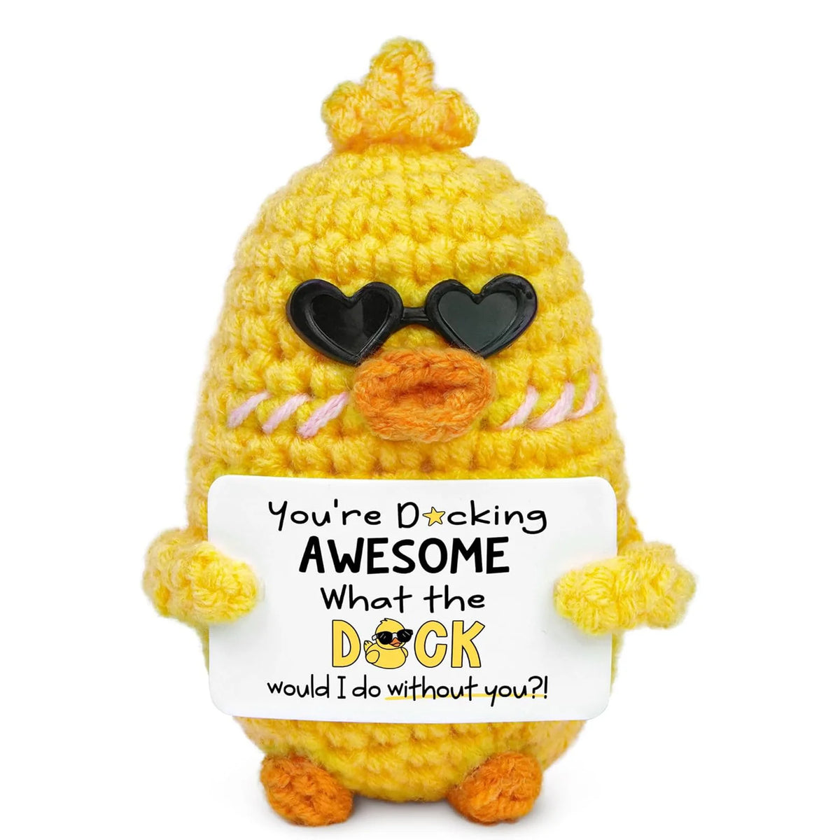 Handmade crochet yellow flower ghost doll with black sunglasses and an emotional support card