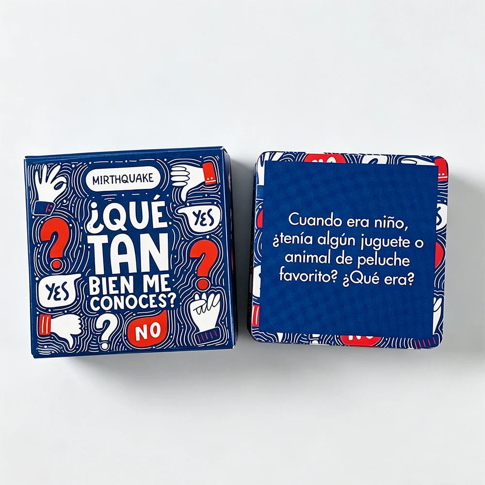 Two blue mini game cards featuring Spanish text asking if someone knows you well, suitable for conversation starters.