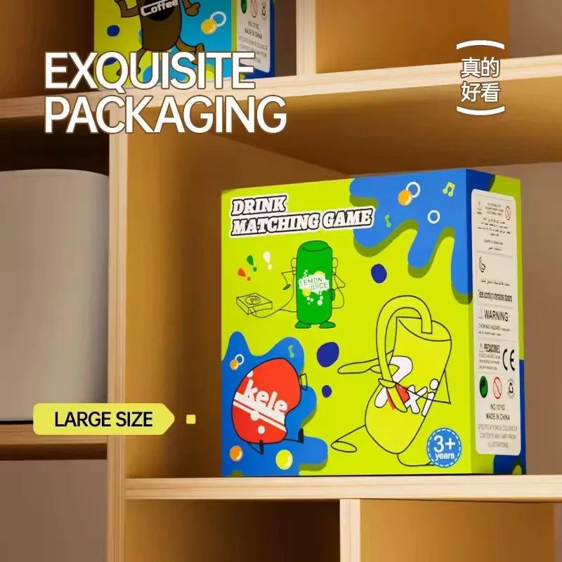 A box of a drink matching game set featuring green and yellow elements on a bright green background