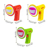 A set of three kids voice changer toys in red, yellow, and green with sound effects and lanyards.