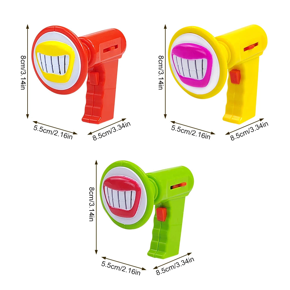 A set of three kids voice changer toys in red, yellow, and green with sound effects and lanyards.