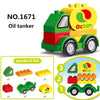 A yellow and green oil tanker construction vehicle building block set with various components.