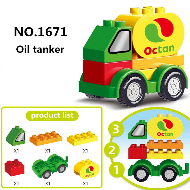 A yellow and green oil tanker construction vehicle building block set with various components.