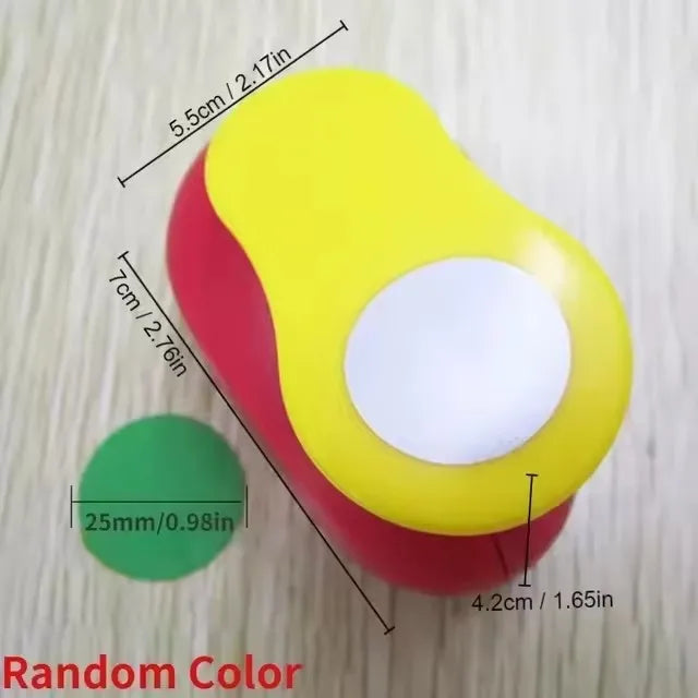 A yellow and red multi-size paper hole punch with various sizes marked on the side.