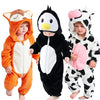Three babies wearing adorable animal hooded rompers in orange, black, and white