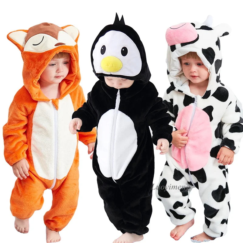 Three babies wearing adorable animal hooded rompers in orange, black, and white