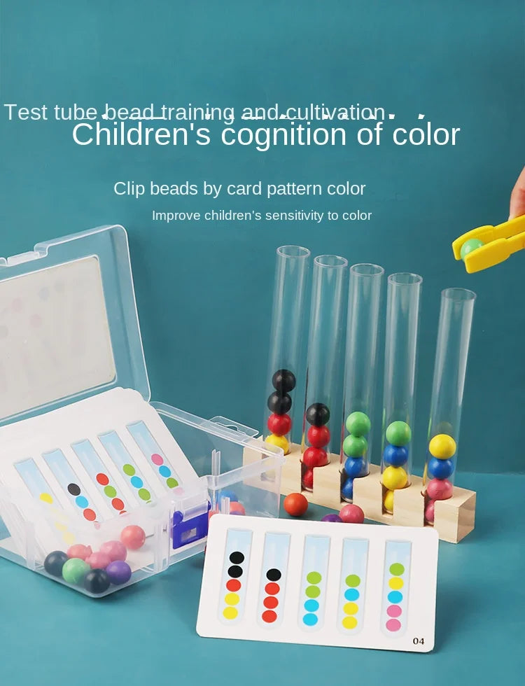 A set of clear test tubes with colored beads and a card pattern for children's cognition of color training.