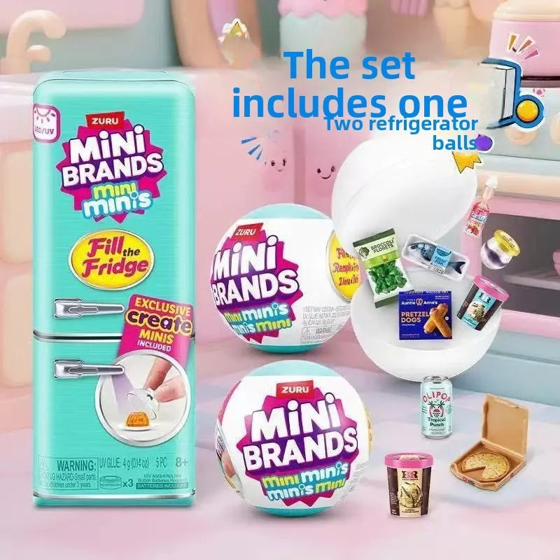 A set of mini brands includes one two refrigerator balls and a miniature fridge playset.