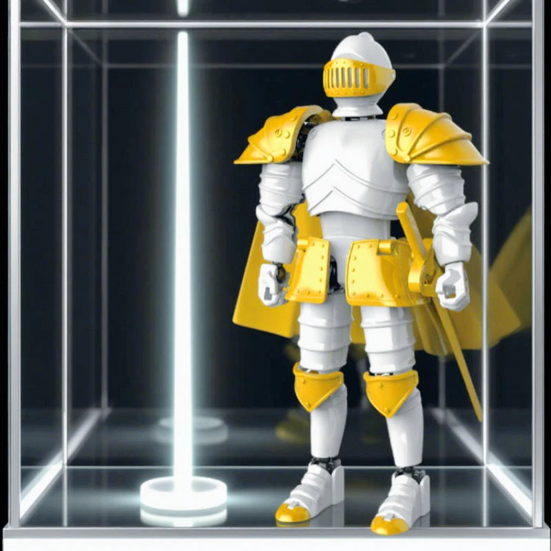 A white and gold articulated paladin action figure standing inside a transparent display box with a vertical light beam.
