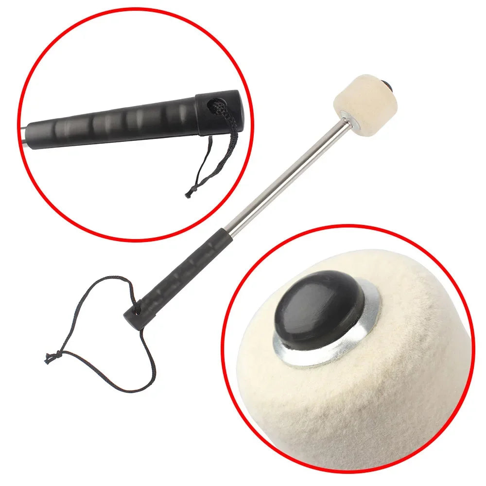 Two professional wool felt bass drum mallets with non-slip handles shown in detail.