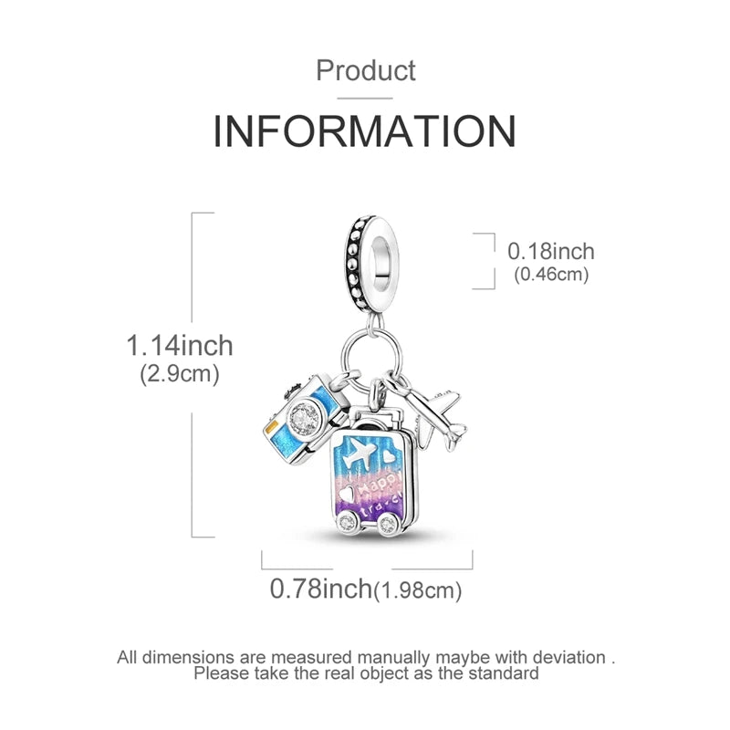 A silver heart charm featuring a small airplane and a pink gemstone, designed for bracelets and necklaces.