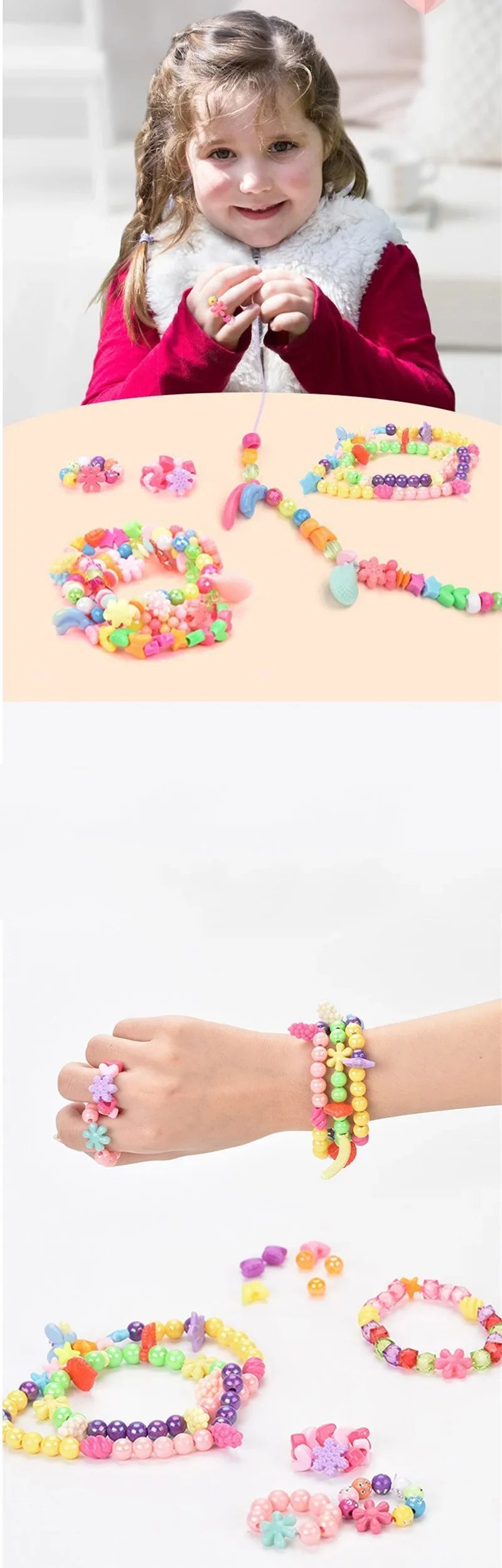 A collection of colorful bead jewelry kits and finished bracelets, including bracelets, rings, and beaded strands.