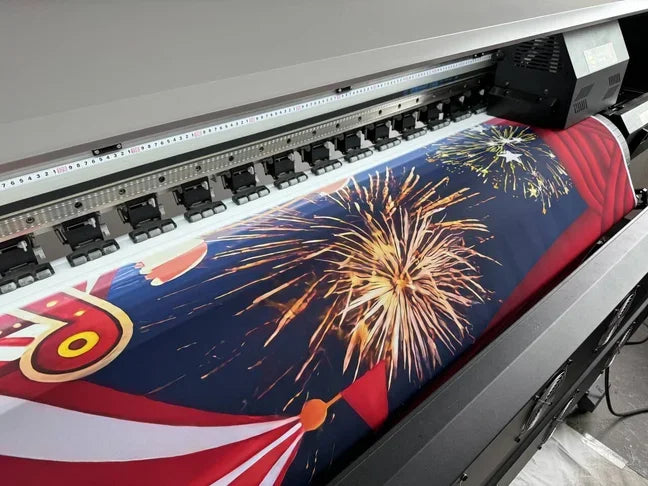 A fabric backdrop featuring a cartoon tiger party design with fireworks and patriotic colors.