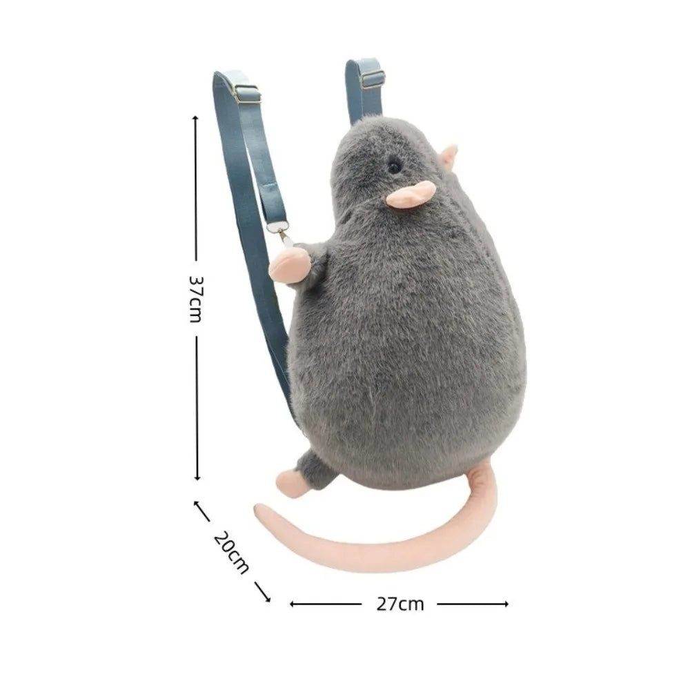A gray plush rat with a backpack strap is shown from the back.