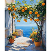 A vibrant painting of a lemon tree with bright yellow fruit hanging from green leaves against a blue sky and sea.