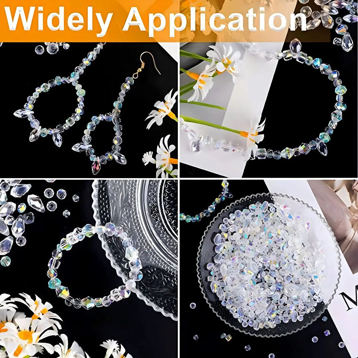 A collection of 300 crystal glass beads in various shapes and sizes with an AB finish displayed on a plate.