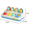 A white activity cube featuring six colorful animal-themed inserts for toddlers.