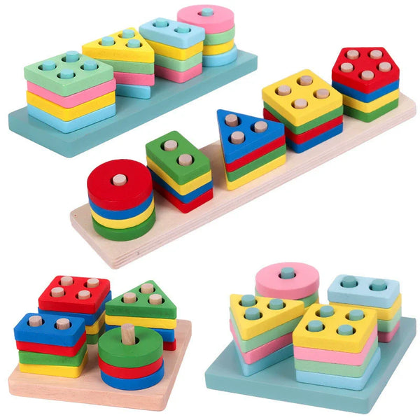 A collection of natural wooden Montessori building blocks in various colors and shapes arranged on a wooden board.