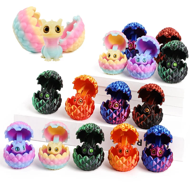 A set of six colorful 3D dragon egg surprise figurines in various shades of pink, purple, green, and orange.