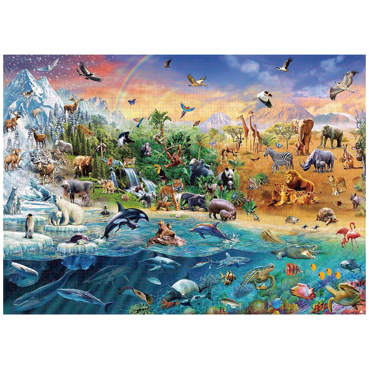 A colorful jigsaw puzzle depicting a vibrant landscape featuring various animals, including mammals, birds, and marine life.