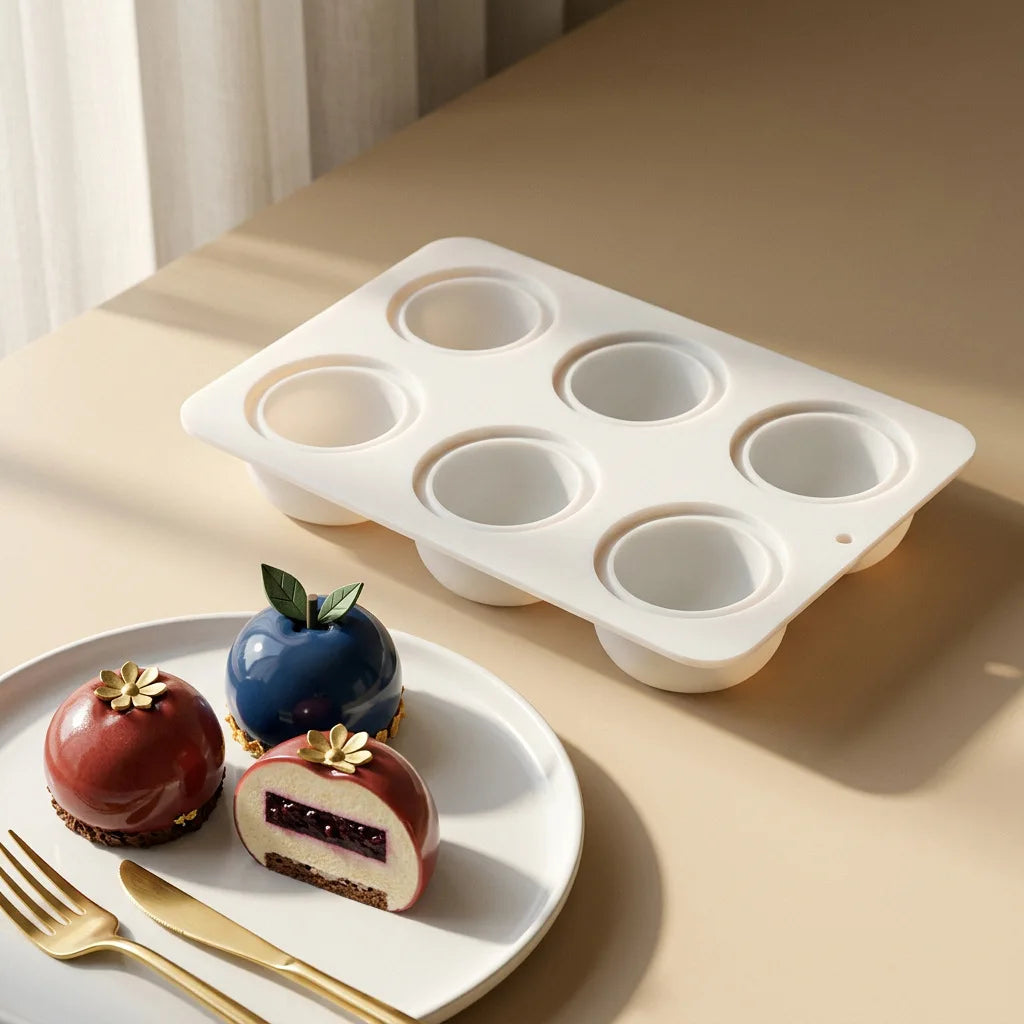 A white silicone mold with multiple circular cavities is shown next to a plate of baked fruit desserts.