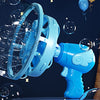 A blue electric bubble machine is shown spraying bubbles against a dark background.
