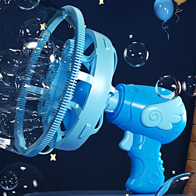 A blue electric bubble machine is shown spraying bubbles against a dark background.
