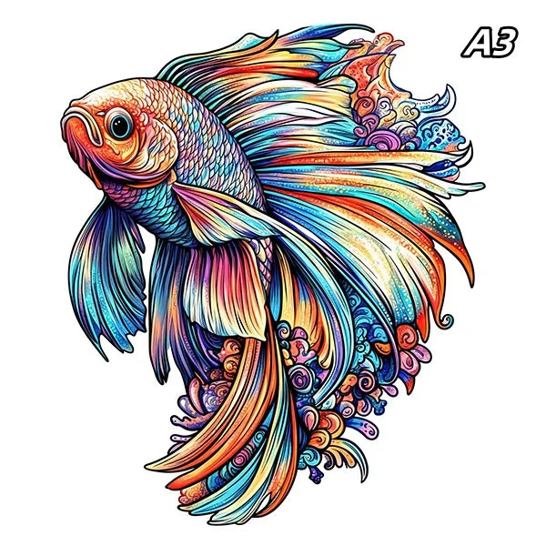 A vibrant, colorful illustration of a fish with flowing fins and scales.