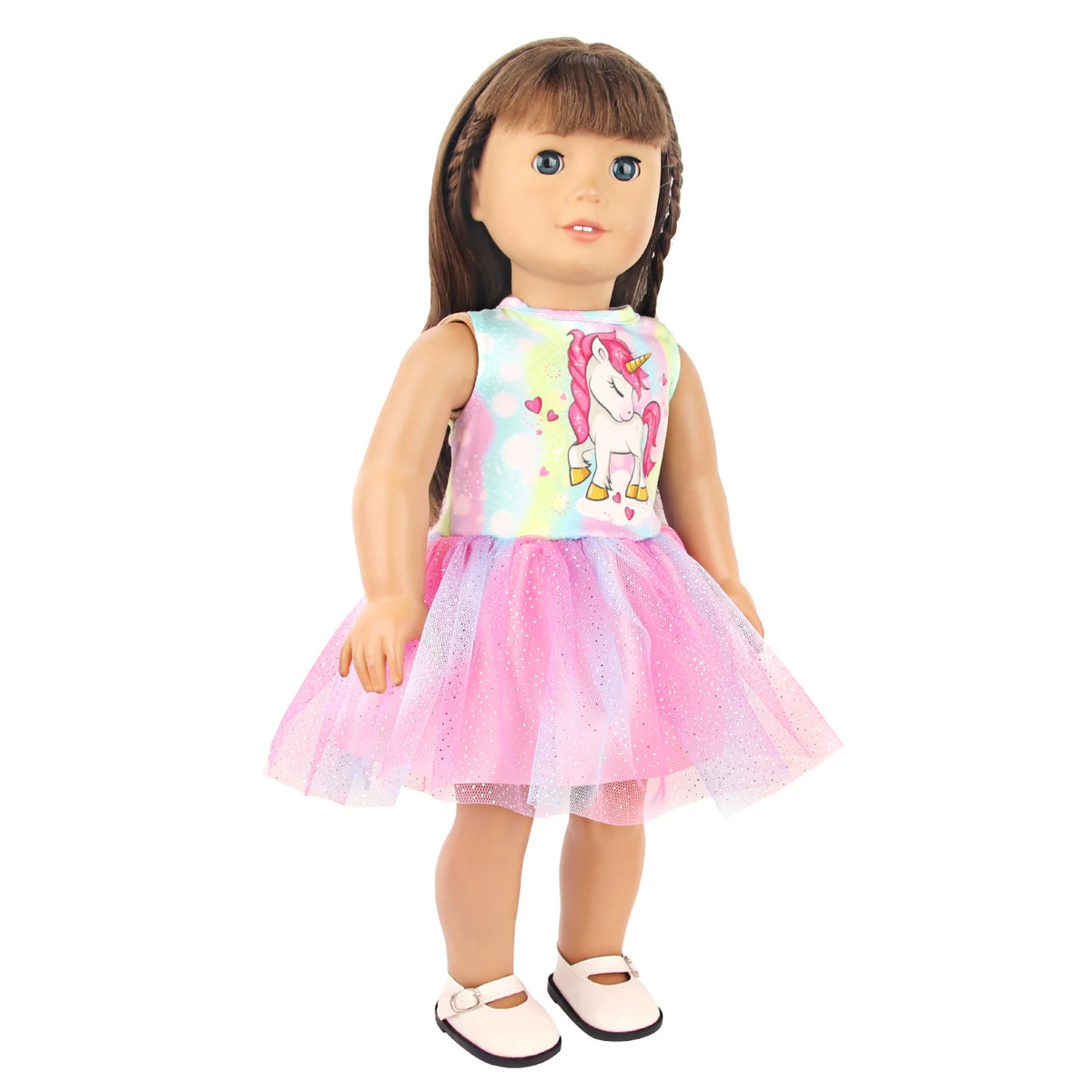 A doll wearing a unicorn themed outfit consisting of a light blue top and a pink tulle skirt.
