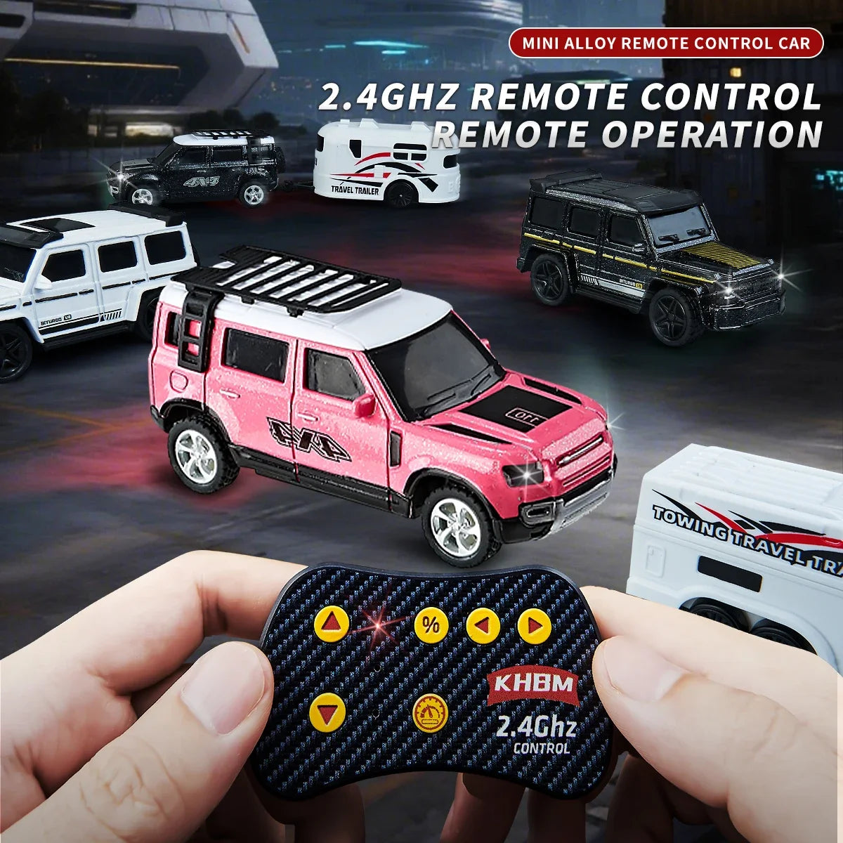 A hand holds a remote control for a pink off-road RC car, with other toy vehicles visible in the background.