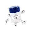 A clear plastic cube with a blue lid and several white dice inside.