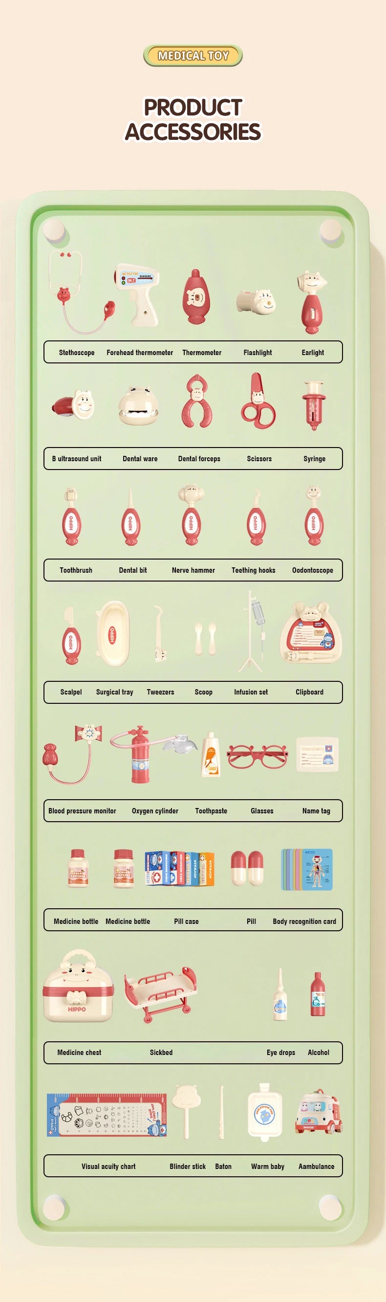 A collection of medical toy accessories including a stethoscope, thermometer, flashlight, syringe, and various tools for pret