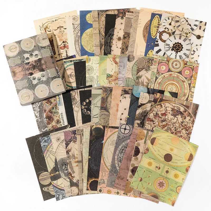 A collection of vintage decorative paper sheets for scrapbooking and journaling featuring various patterns and illustrations.