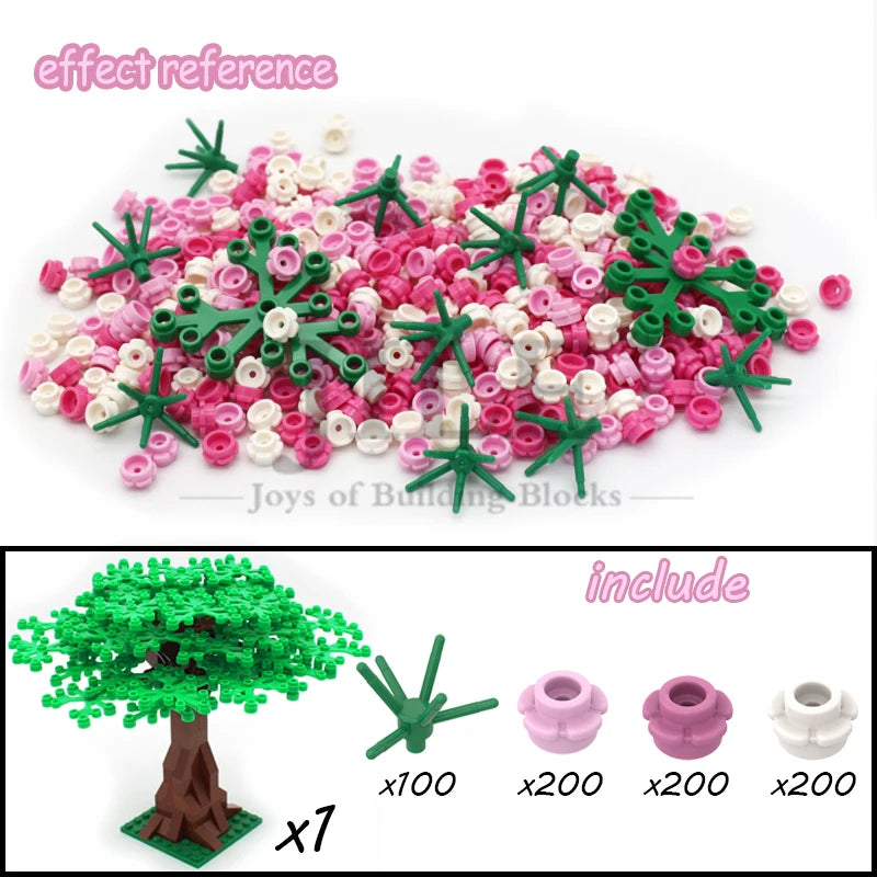 A set of 7 building blocks featuring pink and white cherry blossom flowers and green tree shapes.