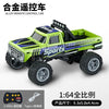 A lime green and purple 1:64 scale alloy remote control monster truck with off-road tires and sports decals.