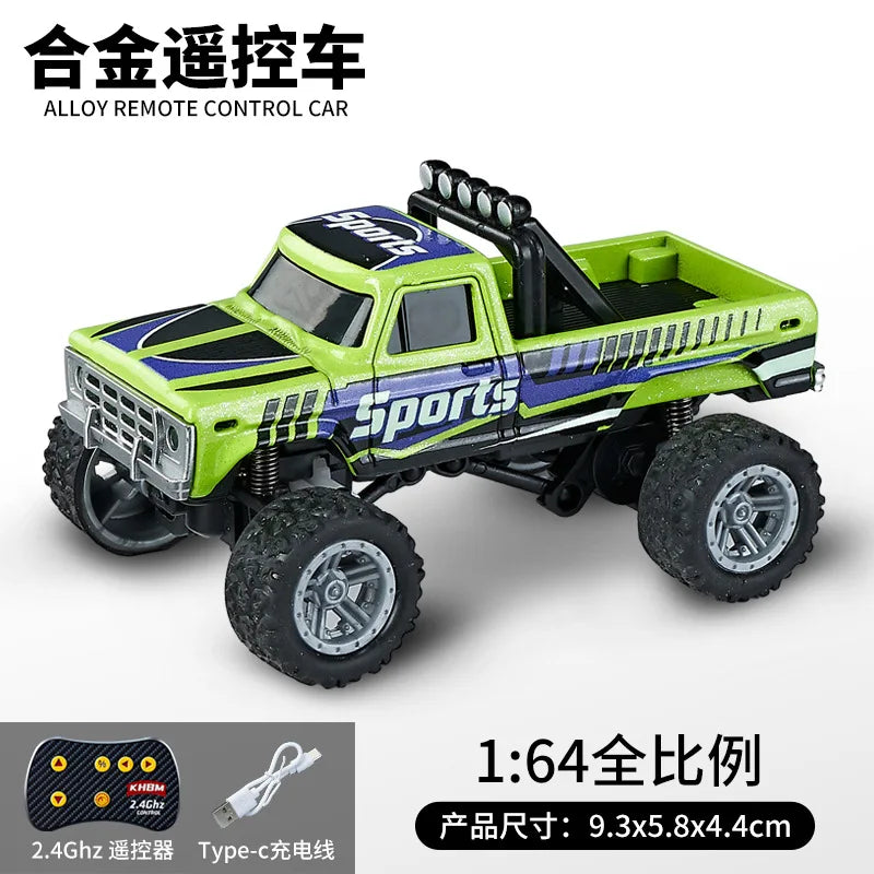 A lime green and purple 1:64 scale alloy remote control monster truck with off-road tires and sports decals.