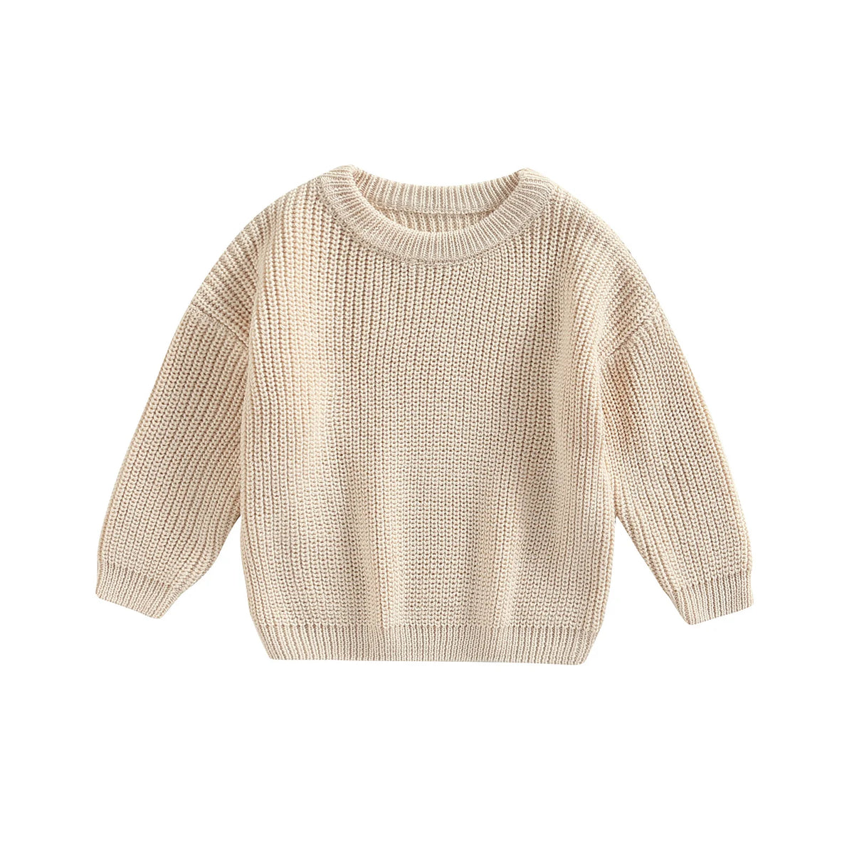 A beige knit pullover sweater for kids with a round neckline and long sleeves.