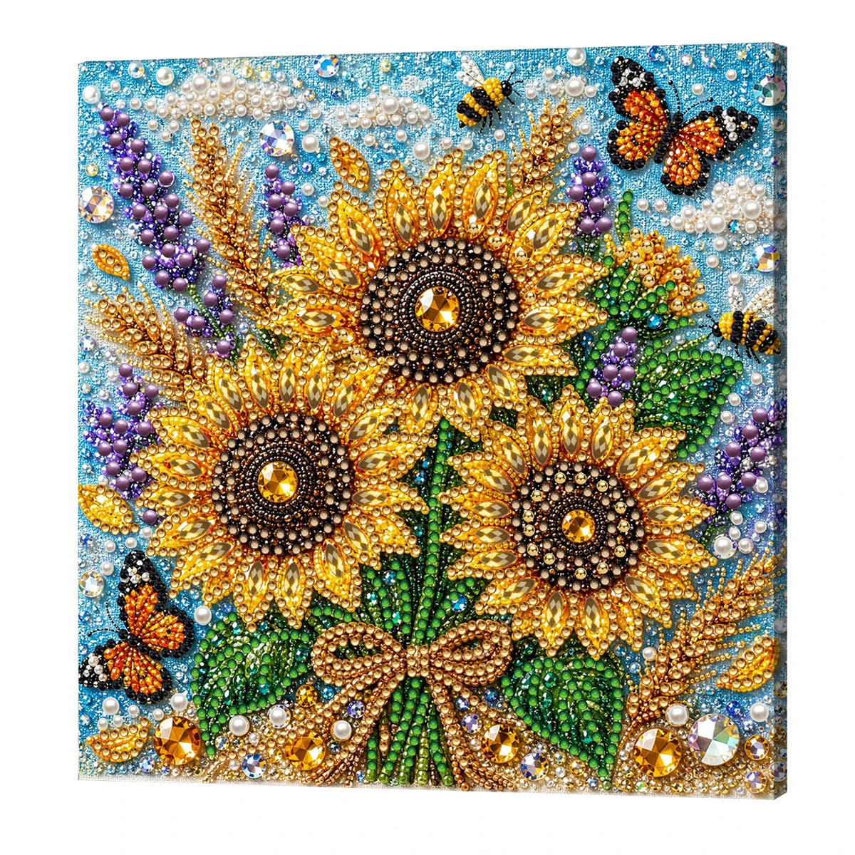 A vibrant floral painting kit featuring yellow and purple flowers on a blue background with various beads and a wooden frame.