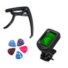 A black guitar starter kit featuring a capo, clip-on tuner, and five colored picks.