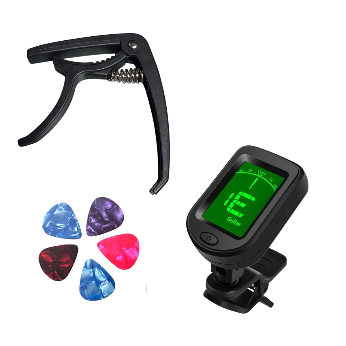 A black guitar starter kit featuring a capo, clip-on tuner, and five colored picks.