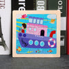 A wooden puzzle featuring colorful animal and traffic designs on a light wood background.