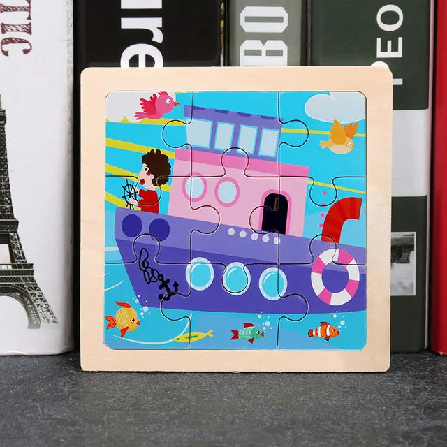 A wooden puzzle featuring colorful animal and traffic designs on a light wood background.