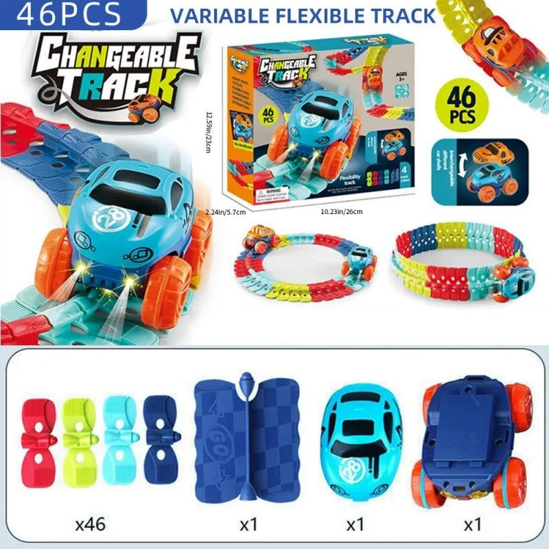 A set of 46 pieces of flexible track and cars for a kids anti-gravity race car game