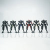 A line of nine assembled FENRIR A6 Assault Type modular mecha models in various dark and red colors.