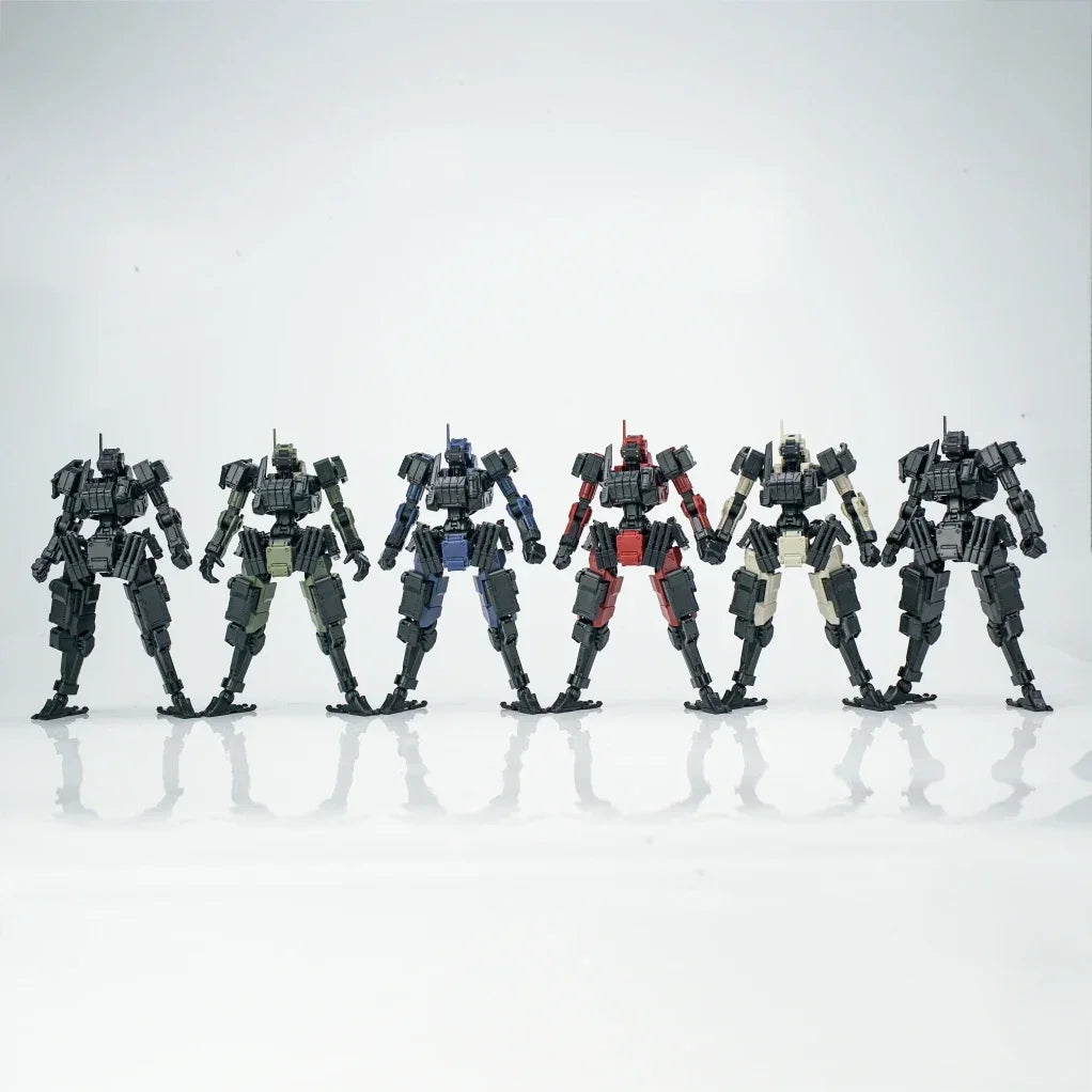 A line of nine assembled FENRIR A6 Assault Type modular mecha models in various dark and red colors.
