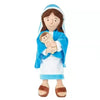 Peluche de simulation de Marie tenant l'enfant Jésus, vêtue de robes bleues et blanches.